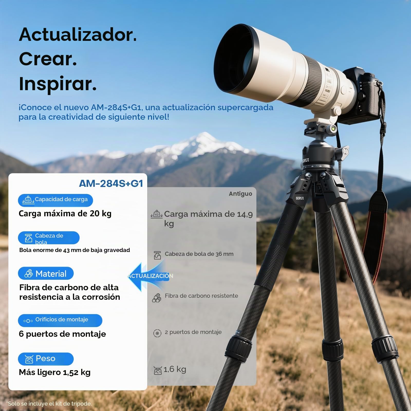 SIRUI Trípode Profesional de Fibra de Carbono con Cabeza de Bola 43mm, Altura Ajustable 128cm, Carga 20kg,Estabilidad Ultra para DSLR, Cámaras Sin Espejo y Video, AM-284S+G1