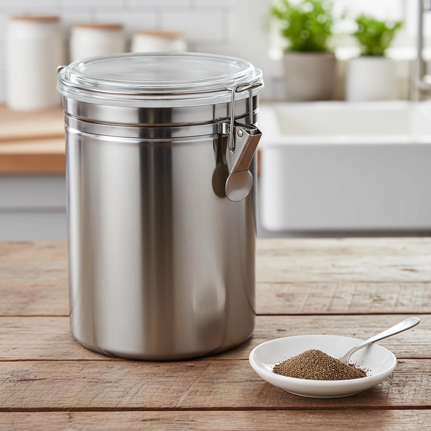 QWORK Juego de 4 recipientes de acero inoxidable de 68 onzas con tapas, recipientes herméticos de almacenamiento de alimentos para encimeras de cocina, tapas de abrazadera de bloqueo transparente,
