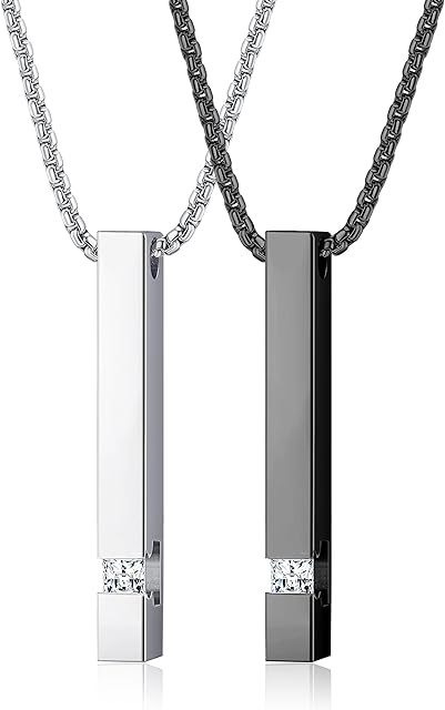 KALVICA Pack of 2 Necklace Bar Pendant for Men Women Fashion Stainless Steel Bar Pendant Necklace Black & Silver Bar Pendant with Box Chain Necklace Length 22 Inches