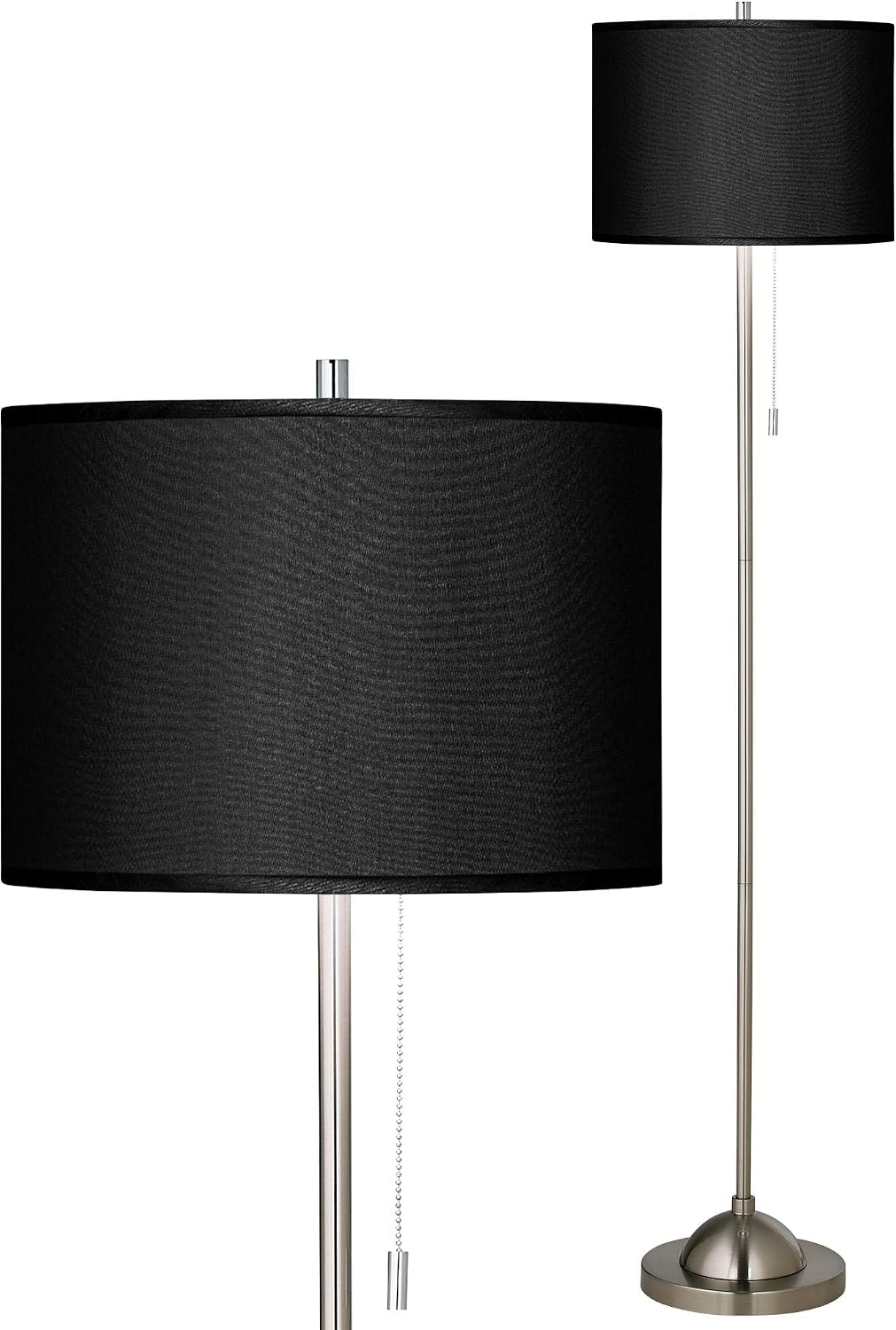 Possini Euro Design Modern Tall Floor Lamp Standing 62" Tiger Brushed Nickel Silver Slim Profile Black Faux Silk Drum Shade Drum Shade Decor for Living Room Reading House Bedroom Family Home