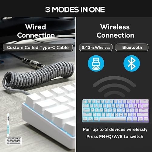 Miniatura 2 de RK ROYAL KLUDGE RK61 60% Mechanical Keyboard with Coiled Cable, 2.4GhzBluetoothWired, Bluetooth 61 Keys, Wireless RGB Hot Swappable Brown Switch