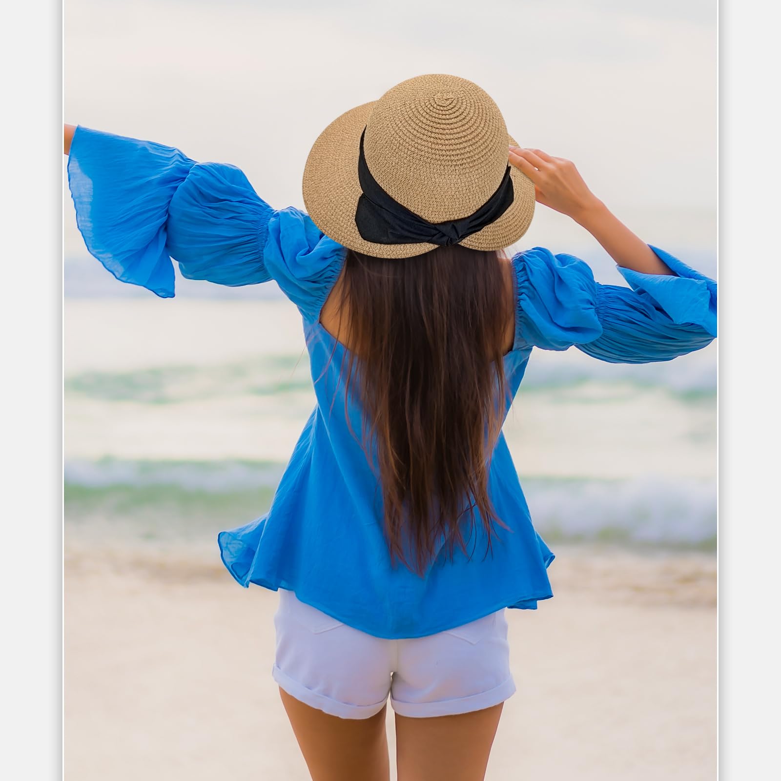 Sombrero de paja para mujer, protección UV, sombrero de paja con ala ancha, transpirable, sombrero de playa, sombrero de verano plegable para viajes y vacaciones