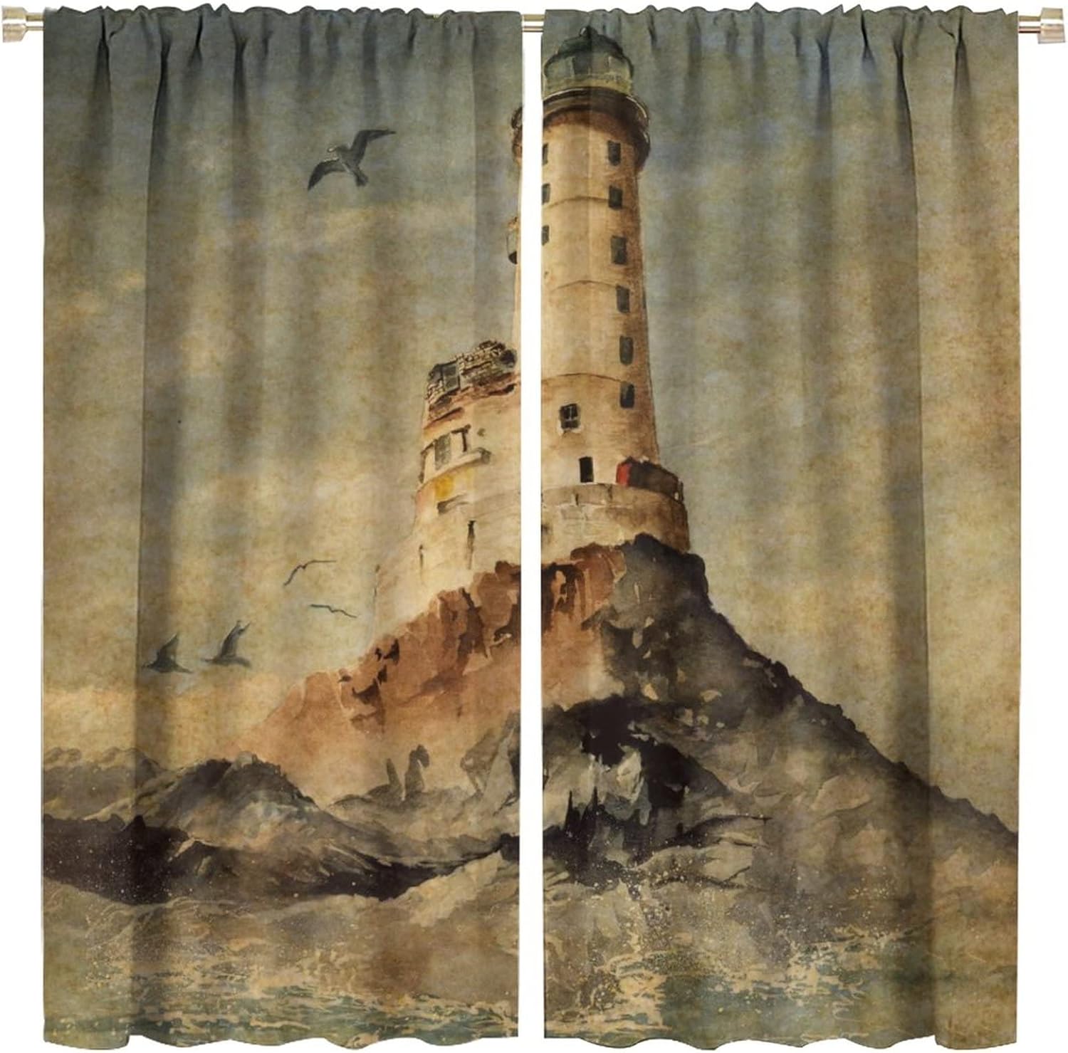 Vintage Lighthouse Blackout Curtains,Nostalgic Antique Style Oil Painting Ocean Theme Lighthouse Seagull Window Curtains Rod Pocket Thermal Insulated Room Darkening Curtains 2 Panels 45L x 21W