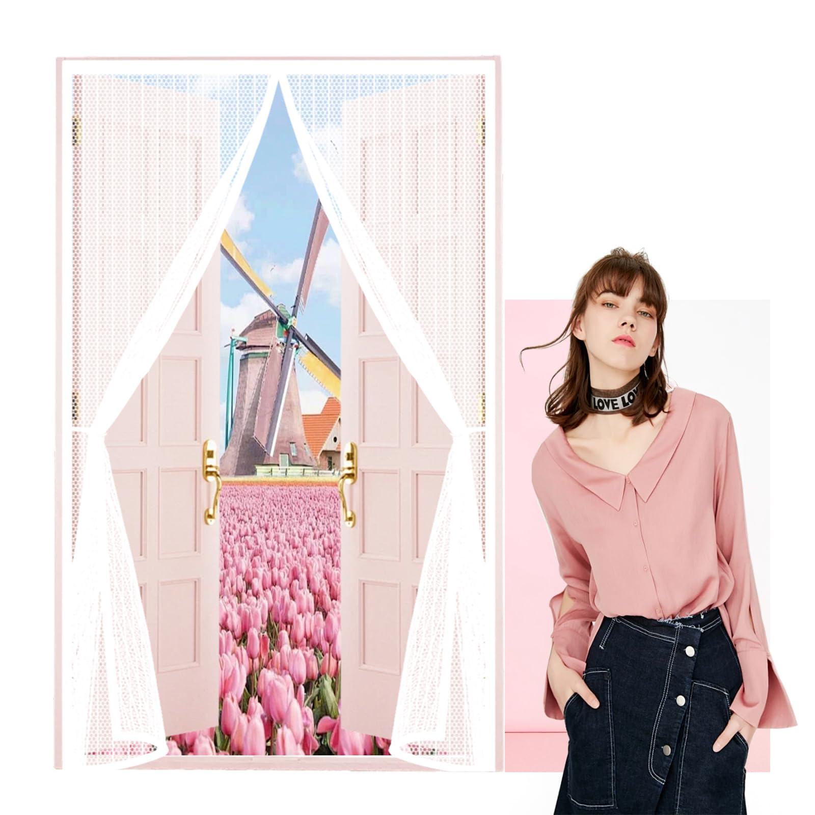 Qenhyun White Fly Screen Door 145 X 165 Cm Keep Bugs Out, Full Frame Magic Tape, Powerful Magnets, Self Sealing, No Drill Installation, Heavy Duty Door Screen For Balcony Bedroom Doors,