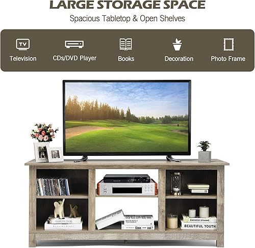 Miniatura 5 de Tangkula Soporte universal de madera de granja para TV de hasta 65 pulgadas, mesa consola de TV rústica con 6 estantes abiertos, centro de