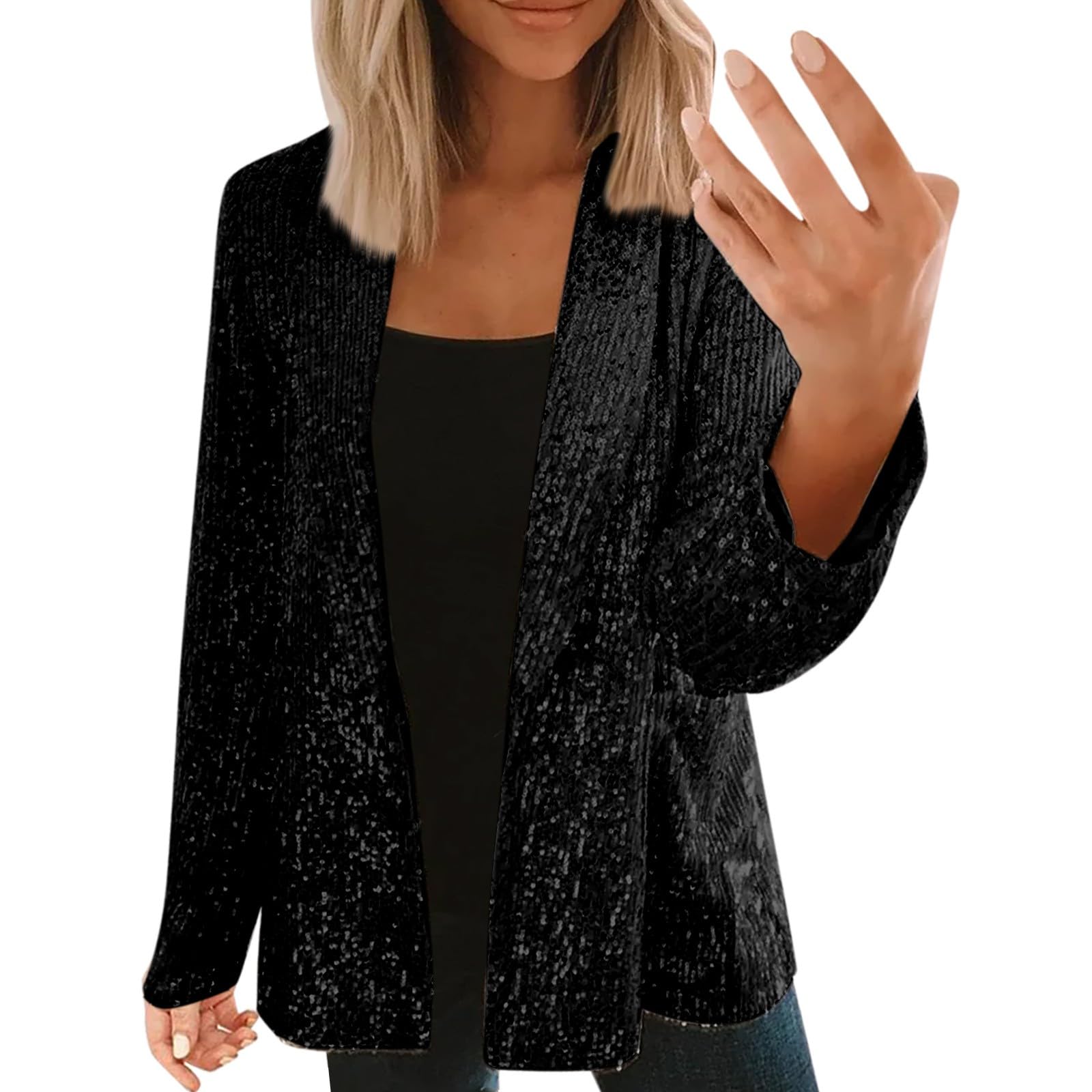 Pailletten Strickjacke Damen, Pailletten Blazer Offen V‑Ausschnitt Jacke