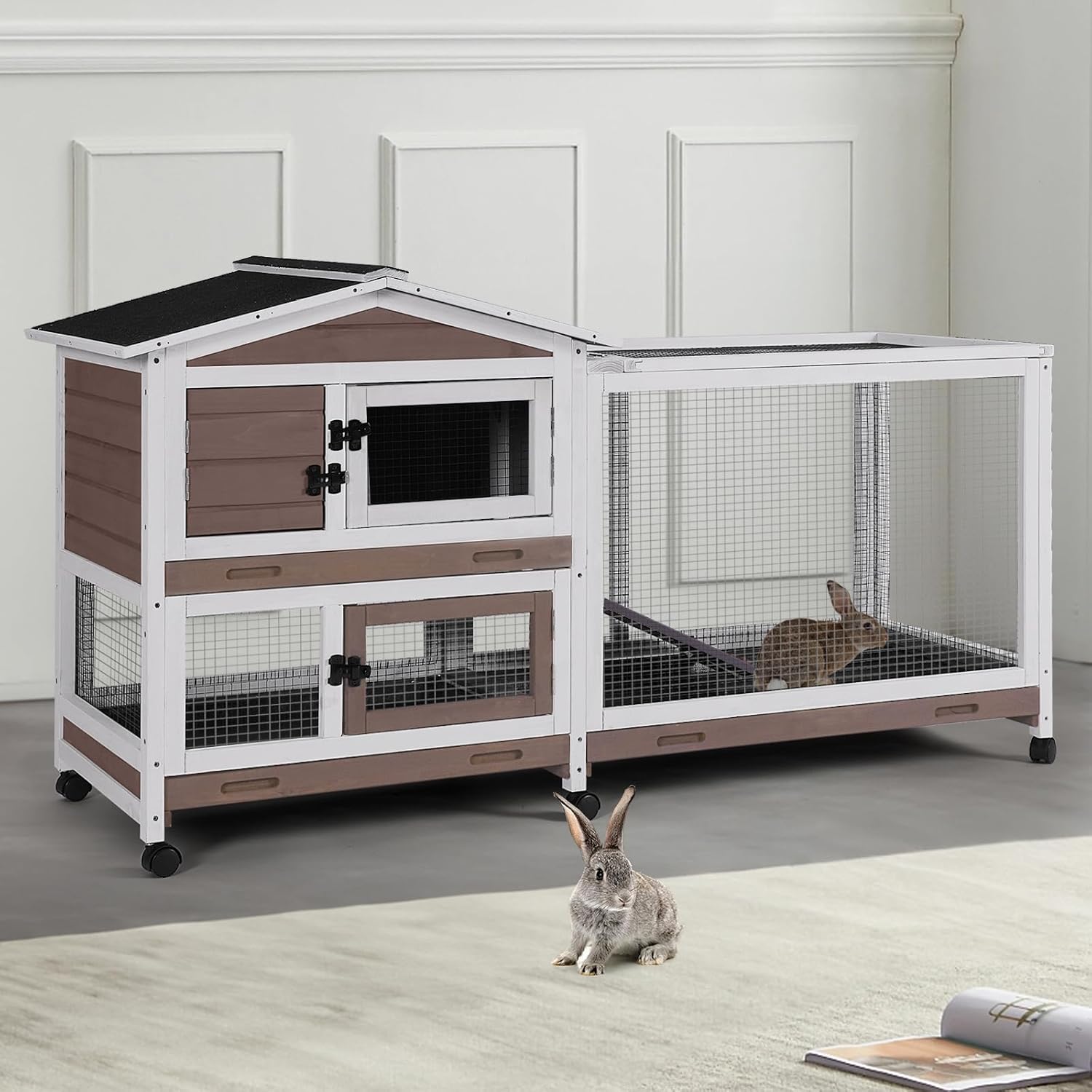 Indoor/Outdoor Rabbit Hutch with Pull-Out Tray, Weatherproof Bunny Cage & Attached Run - Also for Chickens (Brown, L)