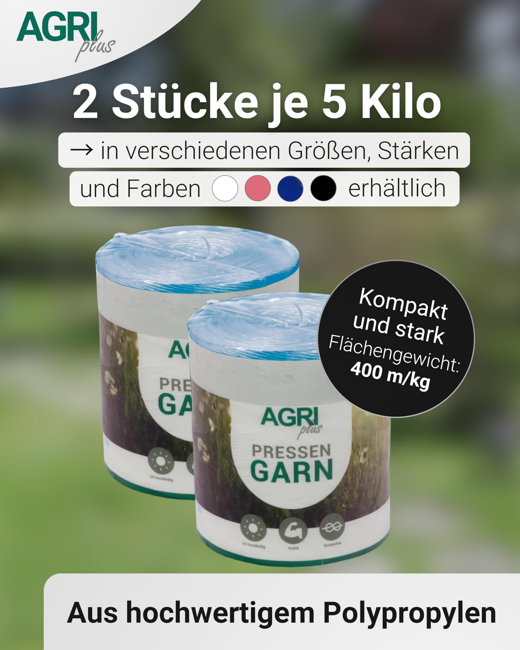AGRIplus Pressengarn I 2 Stück à 5 kg I 400 m/kg I Hochwertiges PP-Garn I Robust, witterungsbeständig & reißfest I Für Hochdruckpressen & Hochdruckballen