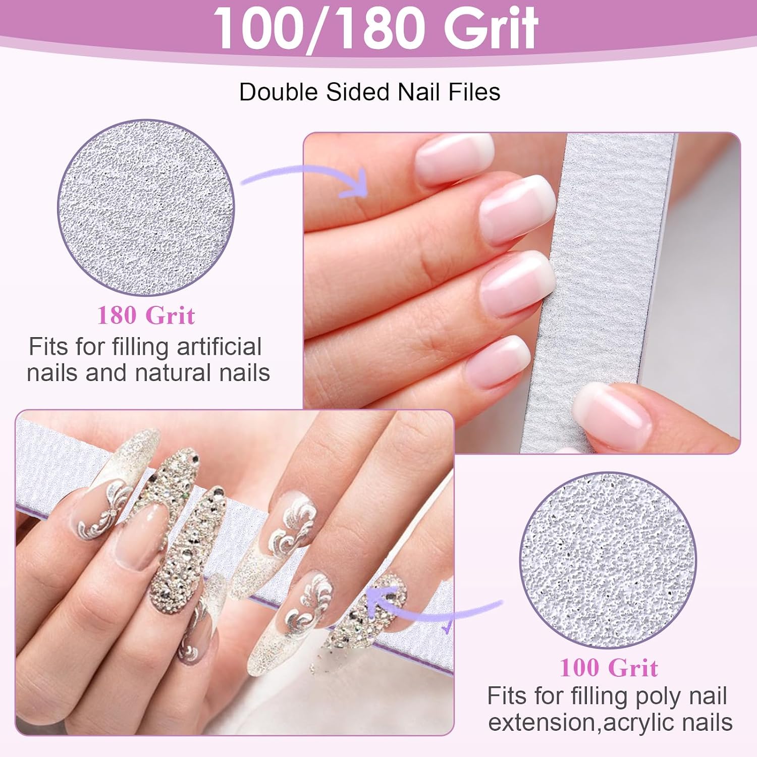 150 Pcs Nail Files, 100/180 Grit Double Sided Emery Boards, Reusable Washable Nail Buffers for Acrylic Natural Nails, Professional Manicure Pedicure Tools for Home and Salon