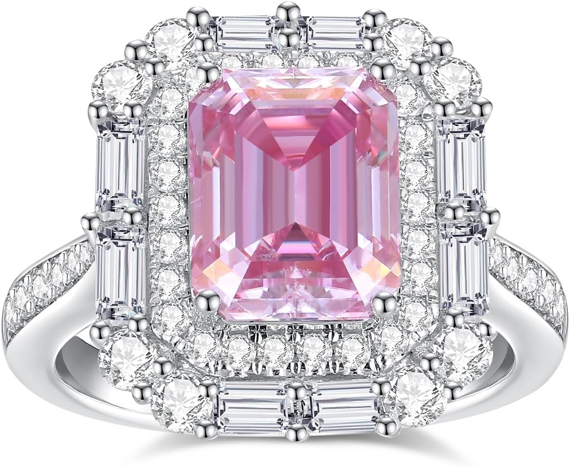 Moissanite Engagement Rings for Women,D Color VVS1 3 Stones Emerald Cut S925 Sterling Silver Plated 18k White Gold Wedding Promise Anniversary Rings for Her