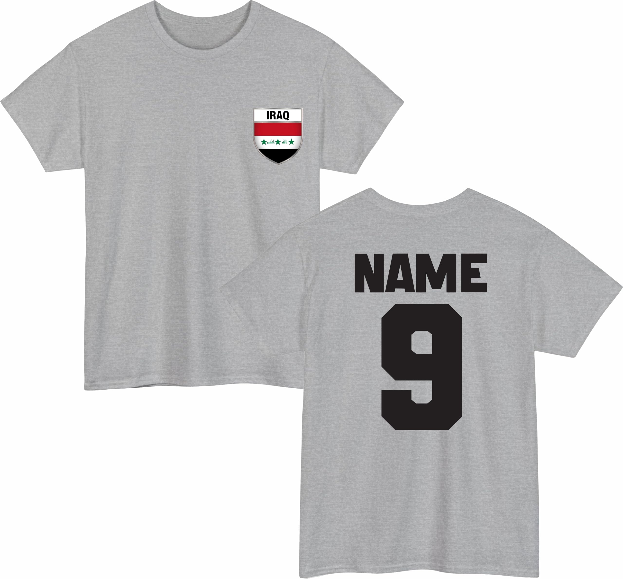 Personalised Iraq Football T-Shirt Custom Name and Number Tee Iraqi National Flag Soccer Jersey Top Heather Grey