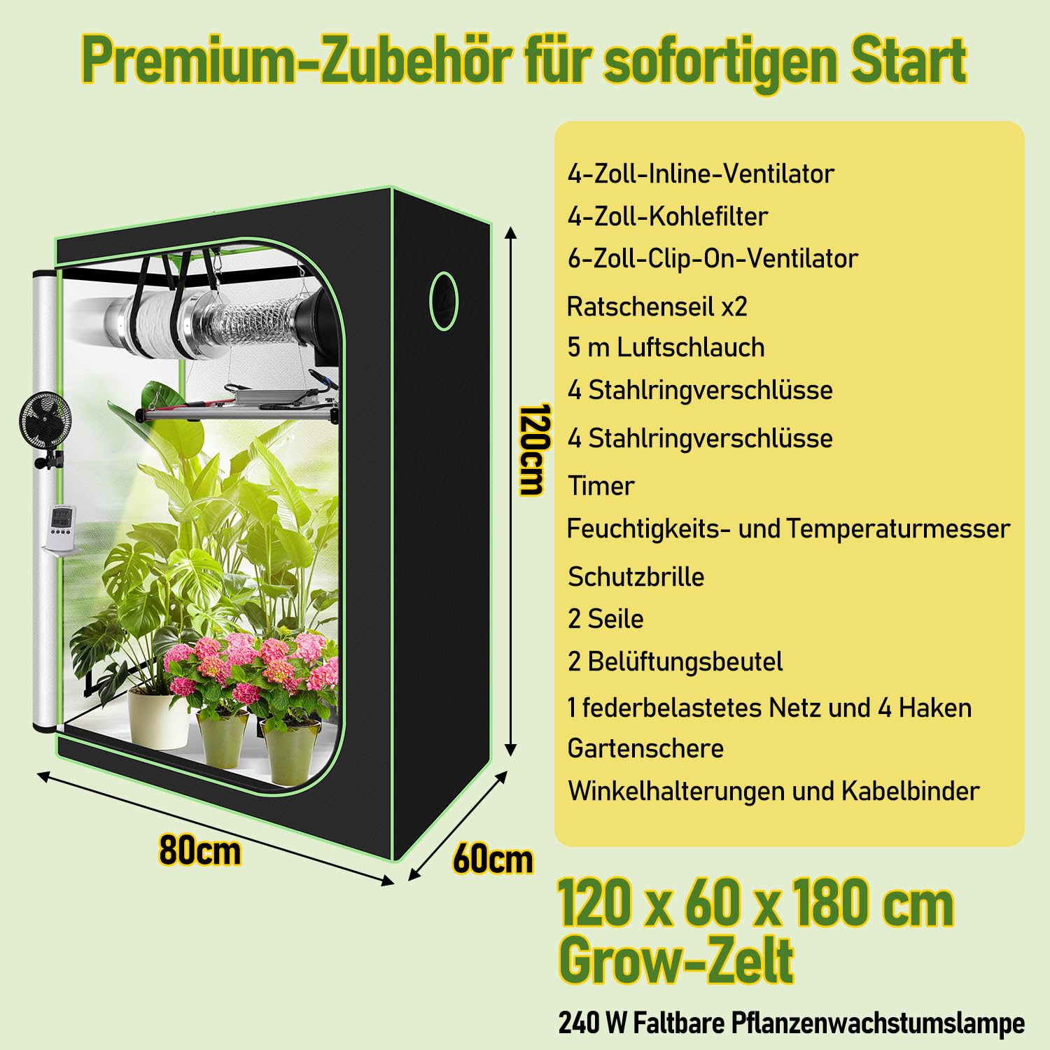 Juego completo de tienda de campaña para cultivo (120 x 60 x 180 cm, hidroponía interior, incluye lámpara LED plegable de 240 W y sistema de ventilación de espectro completo)