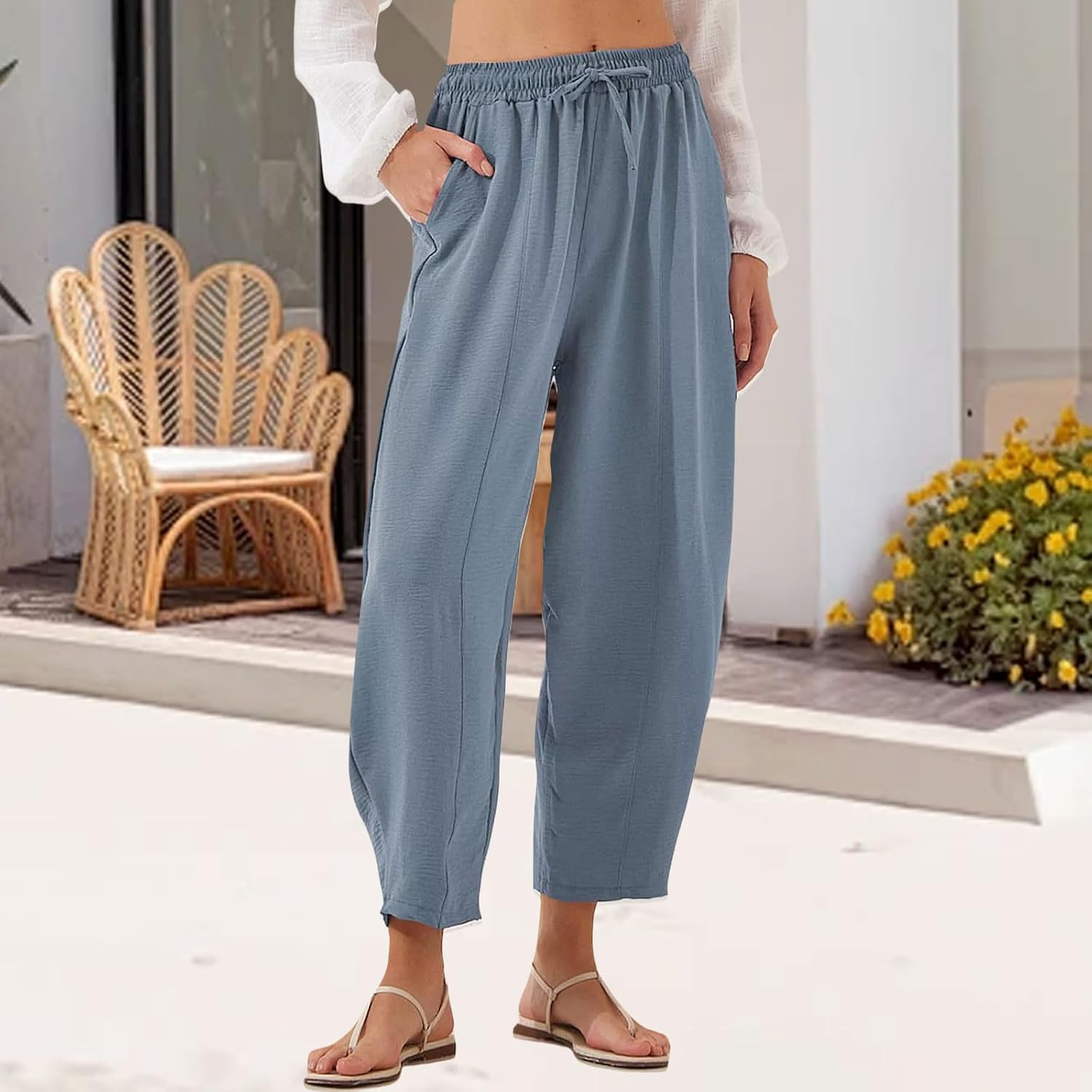 Women's Summer High Waisted Baggy Pants Loose Baggy Elastic Wide Leg Flowy Trousers Casual Beach Harem Pants