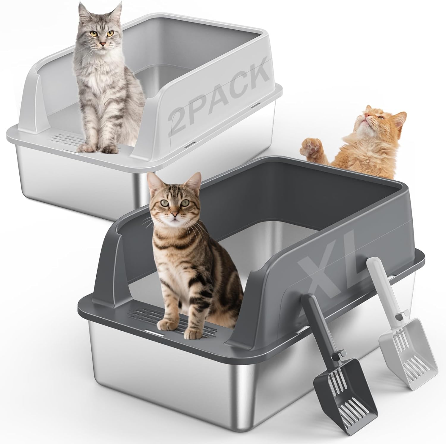2PACK Stainless Steel Litter Box, Extra Large Litter Boxes for Big Cats, XL Metal Cat Litter Box with Lid High Sides, Anti-Urine Leakage, Non-Sticky, Scoop Included