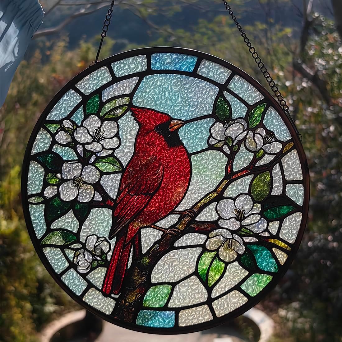 Round Cardinal Diamond Glass Suncatcher – Red Bird on Branch Window Hanging, Memorial Gifts for Women, Stained Glass Decor with Suction Cup Hook & Chain