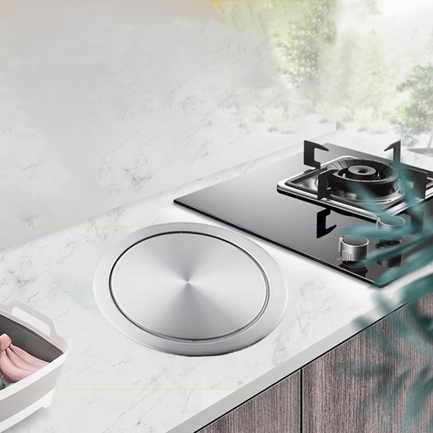 Round Stainless Steel Built-In Trash Bin Lid, Countertop Embedded Balance Flap Cover, Swing Trash Can, Simple Waste Chute for Kitchen Bathroom Office,205,205mm 430