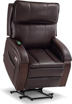 MCombo Power Lift Recliner Chair Sofa with Massage and Heat, Adjustable Headrest for Elderly People, Solid Wood Armrest, USB Ports, Side Pockets, Faux Leather 7917 Dark Brown, Medium