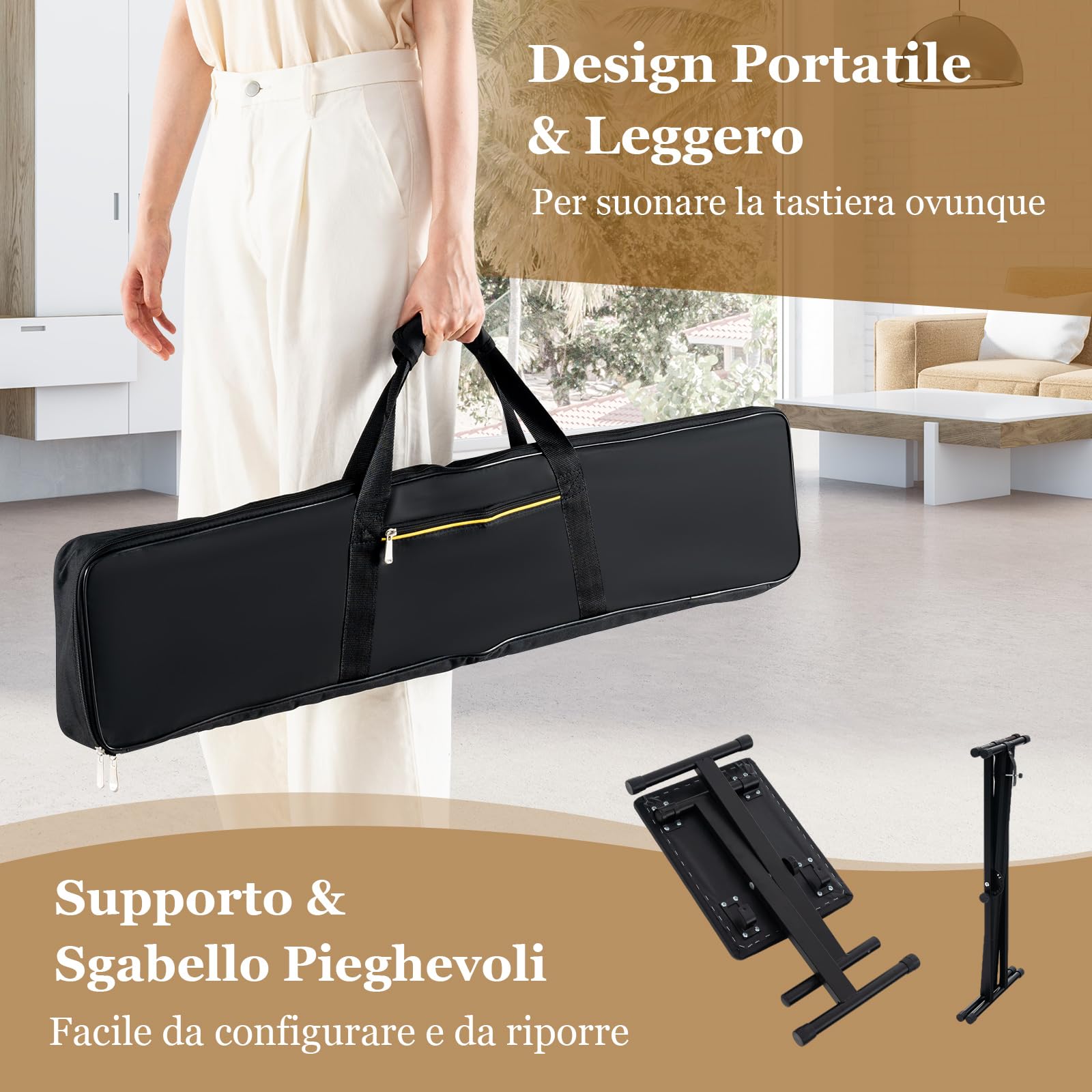 COSTWAY Set Pianoforte Digitale 61 Tasti, Tastiera Musicale con Sgabello Portatile, Pianoforte Elettronica con Supporto, Pedale Sustain, MIDI, USB e Funzione di APP Bluetooth