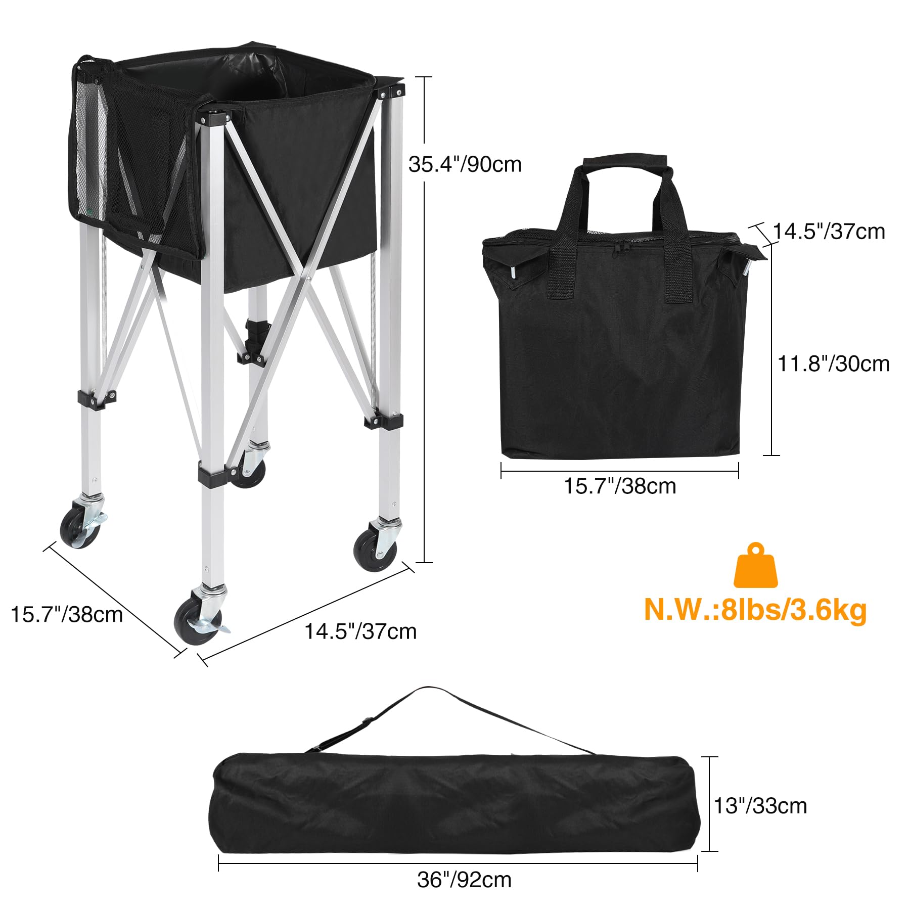 Lineslife Portable Tennis Balls Hopper Holds 180 Balls, Foldable Tennis Ball Basket Wheeled Teaching Carts, Lightweight Tennis Ball Carrier with Wheels, Premium Carry Bag Included, Black