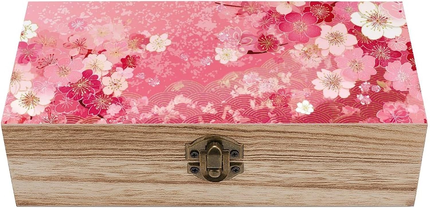Pink Japanese Cherry Blossom Waves Wooden Storage Box Vintage Wooden Jewelry Box Natural Keepsake Decorative Storage Boxes,Decorative Rustic Organizer For Home Decor Crafts Rings Gifts