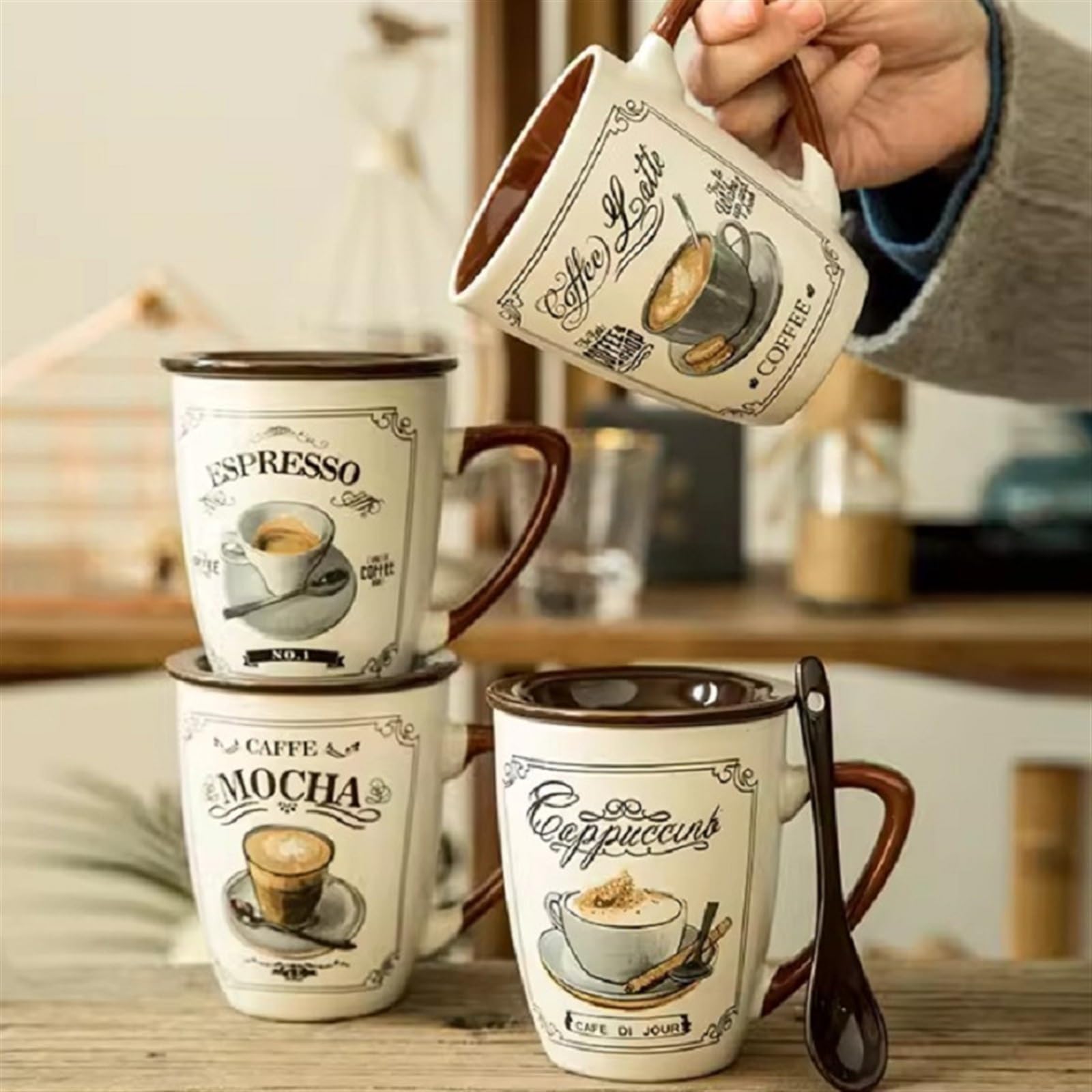Kubek do kawy mleka i herbaty europejski luksusowy kubek do kawy cappuccino latte vintage ceramiczny kubek z pokrywką łyżka do herbaty, zupy i kawy (B)
