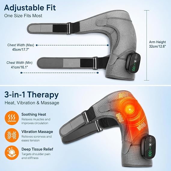 Shoulder Massager, Cordless Shoulder Support Heating Pad with 3-Level Heat & Vibration, Shoulder Brace Electric Massagers for Pain Relief, Rotator Cuff Support for Men Women