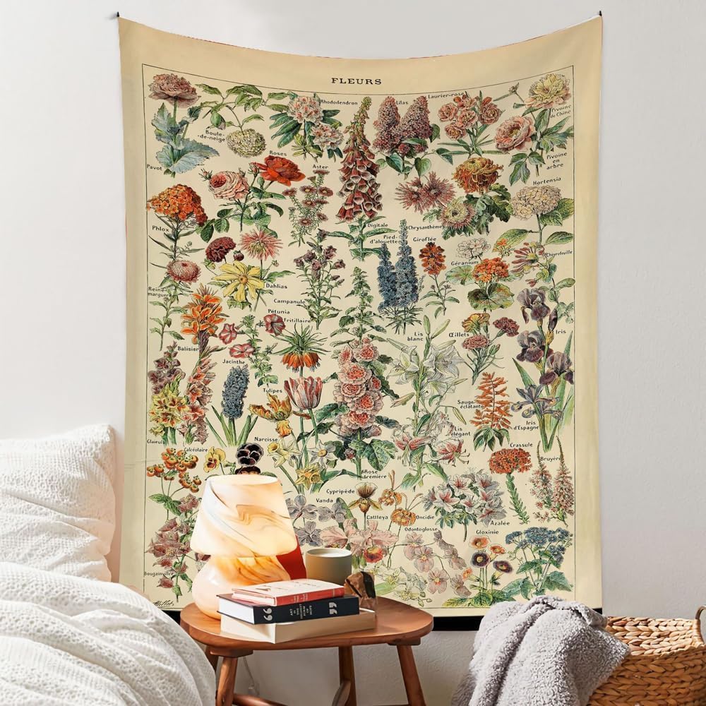 Vintage Flowers Tapestry, Vertical Botanical Plants Tapestry for Bedroom, Aesthetic Floral Wall Hanging for Adorable Room Decor, 150 * 100cm