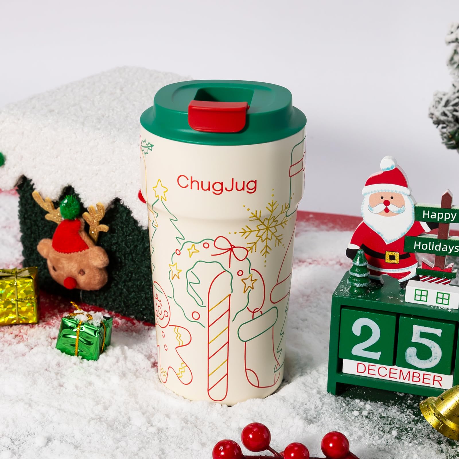 Taza de café de viaje de Navidad de 16 onzas con revestimiento de cerámica, tazas de café aisladas a prueba de fugas con tapa, vaso de café de acero inoxidable al vacío, taza reutilizable para