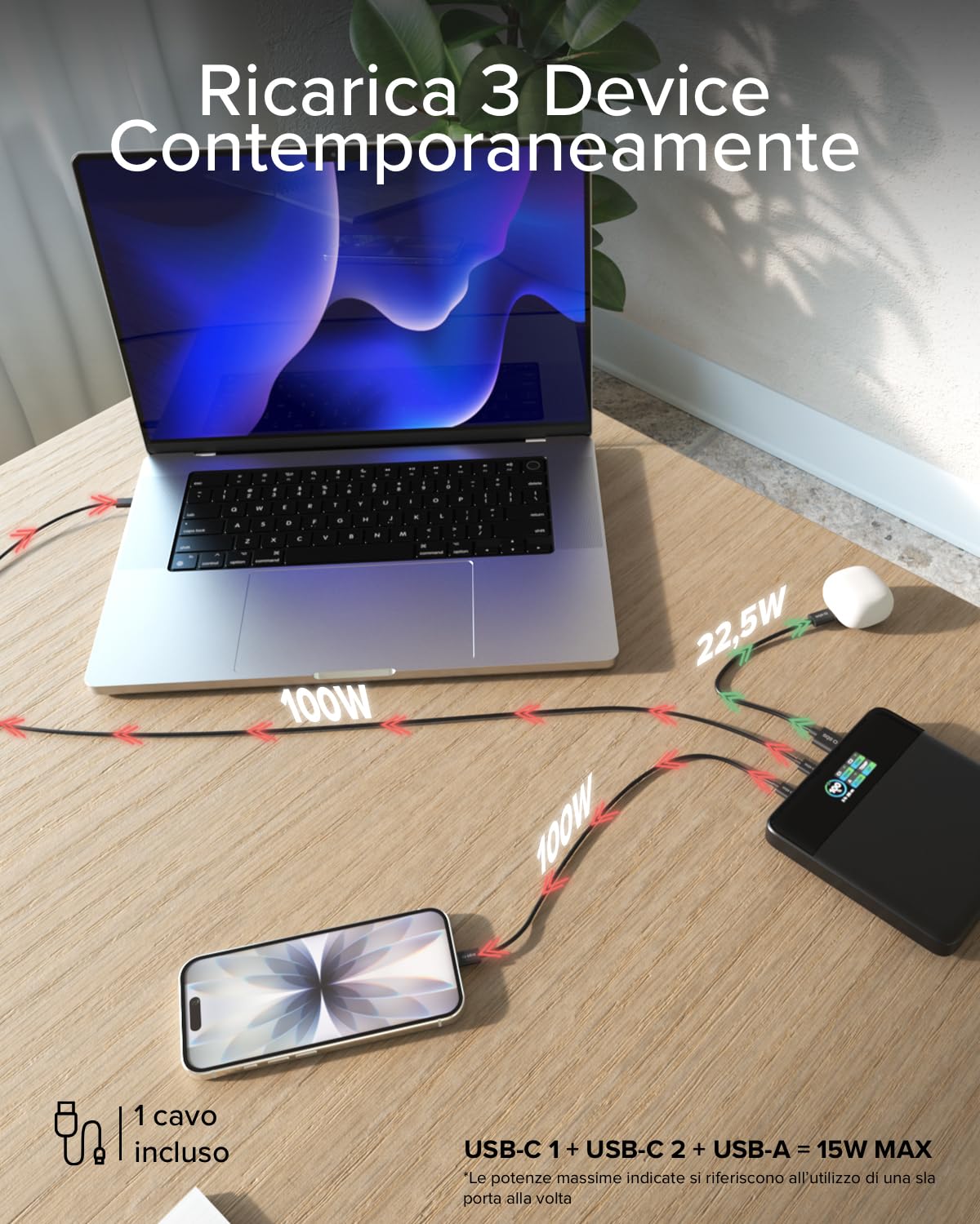 SBS Pulse PowerBank Lite 100W, 20000mAh, Power Delivery (PD 3.0 PPS) | AFC, Power Bank con Ricarica Rapida, Display LCD AI, USB-C, USB-A, Caricabatterie Portatile da Viaggio, Design Slim, Grigio