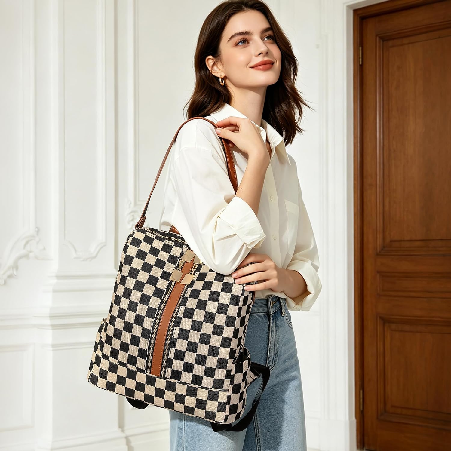 Checkered Backpack Purse for Women Plaid Back Pack Purses Leather Backpack Bags Handbags for Travel Work (Brown) image 3