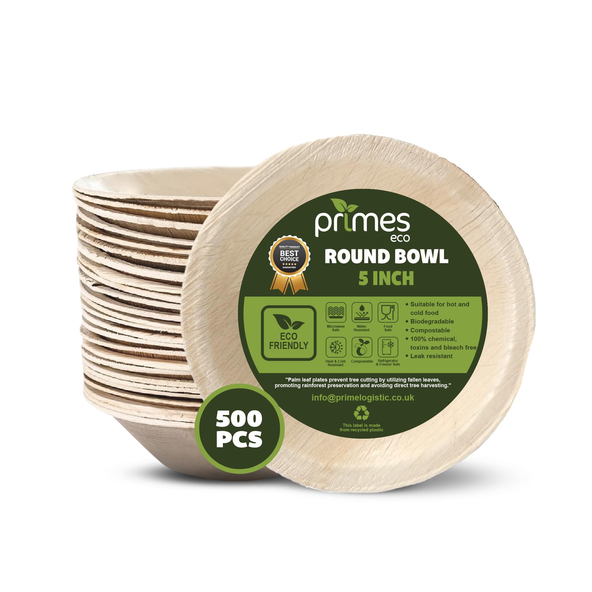 PRIMES ECO 500 PC Disposable Palm Leaf Round Bowls | Eco Friendly Biodegradable Compostable Soup, Salad, Pasta, Dessert Bowls | Sturdy Disposable Palm Leaf Tableware for Party and Catering (5 INCH)