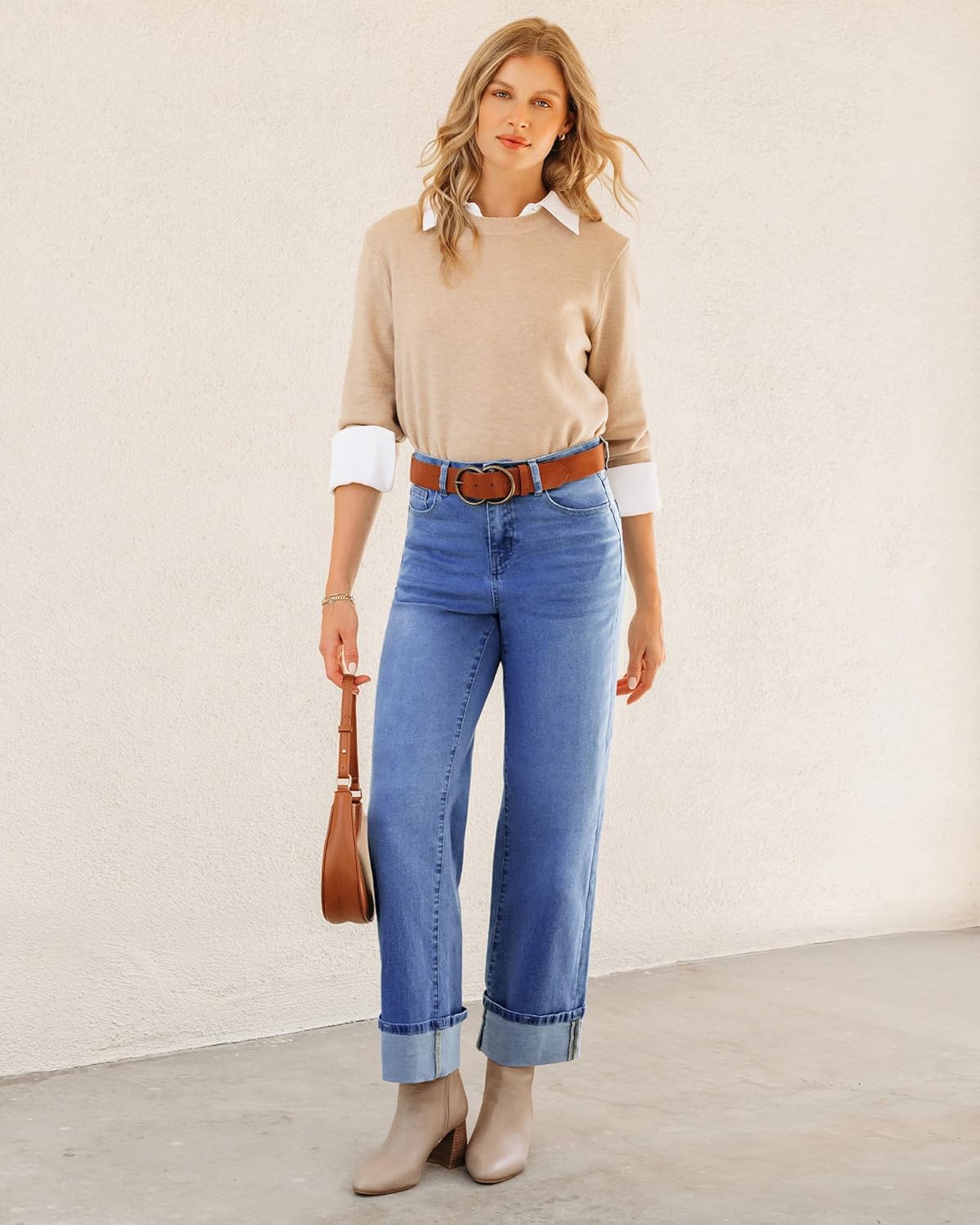 GRAPENT Wide Leg Jeans for Women Trendy High Waisted Cuffed Hem Stretchy Denim Trousers Pants Work Casual Jeans - Image 4