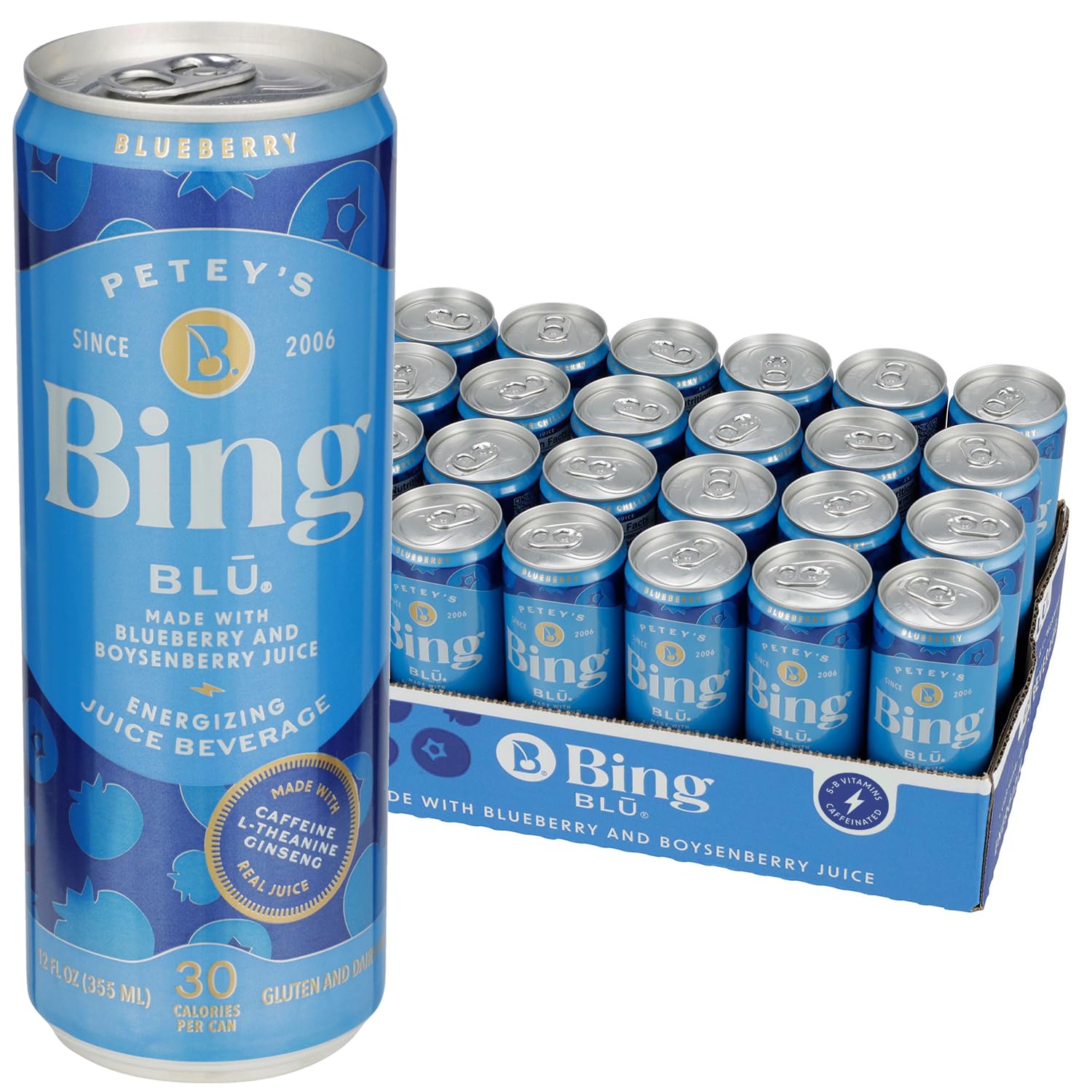 BING BLUEBERRY Energizing Juice Beverage – (12oz/24pk) – Made with REAL Juice! Only 2g added Sugar, Low Calorie; L-Theanine, 5 B-Vitamins & Ginseng; 125 mg Caffeine; Vegan, Gluten + Dairy Free. DELICIOUS