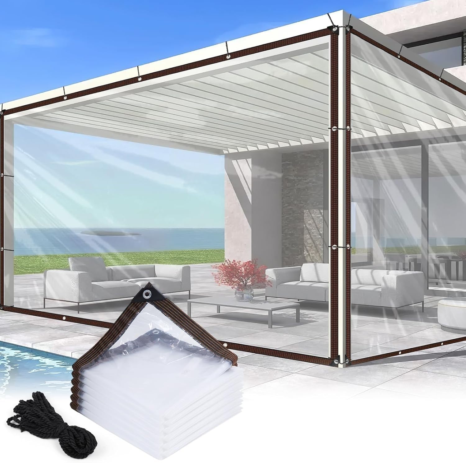 Bâche transparente en PVC finie la pluie sous la pergola avec bords renforcés