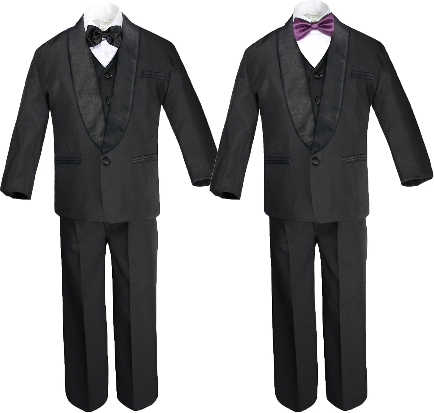 6pc Baby Black Formal Satin Shawl Lapel Suits Tuxedo Extra Plum Bow Tie SM-18
