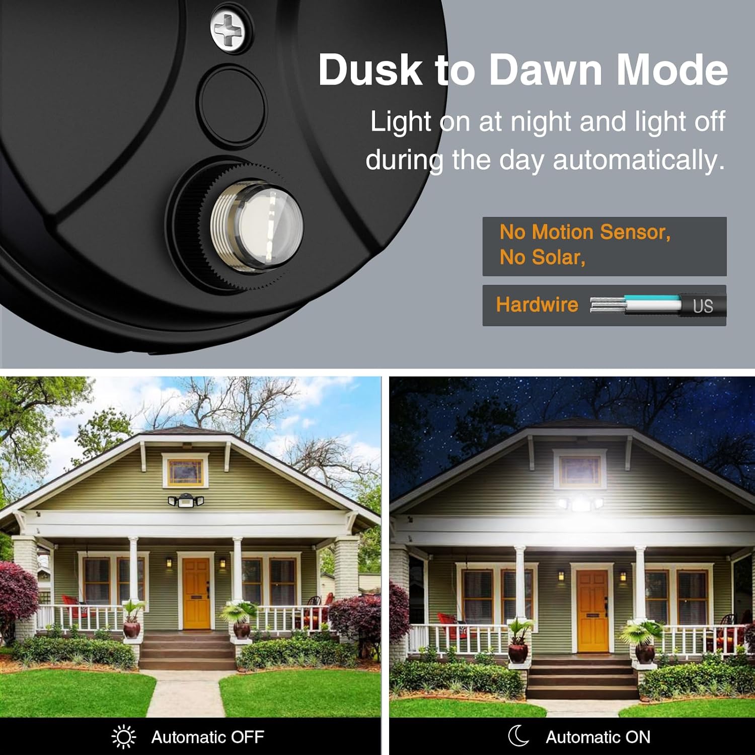 Onforu 70W Dusk to Dawn Outdoor Lighting,7000LM Black Flood Lights Outdoor,IP65 Waterproof Exterior Security LED Light,3 Adjustable Heads Photocell Light Fixture,6500K Floodlight for Garage,Patio,Yard