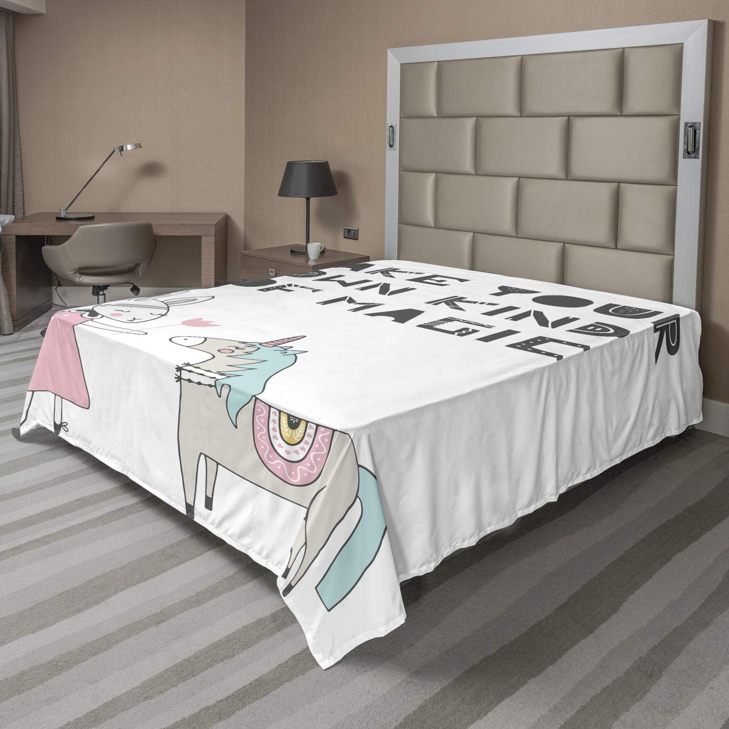 Ambesonne Cartoon Flat Sheet, Bunny in a Dress Unicorn Scandinavian Style and Magic Words, Soft Comfortable Top Sheet Decorative Bedding 1 Piece, Full Size, Multicolor