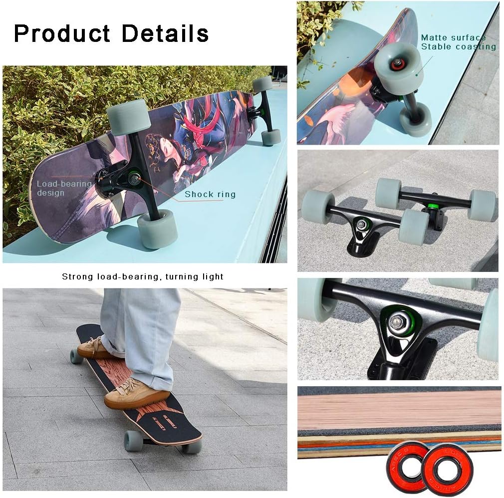 Longboard 46 Inch Skateboards Deck, Pro Complete Long Board Skateboard Cruiser for Beginners Men Girls Teens Adults, Premium Double Kick Dance Skateboard for Extreme Sports