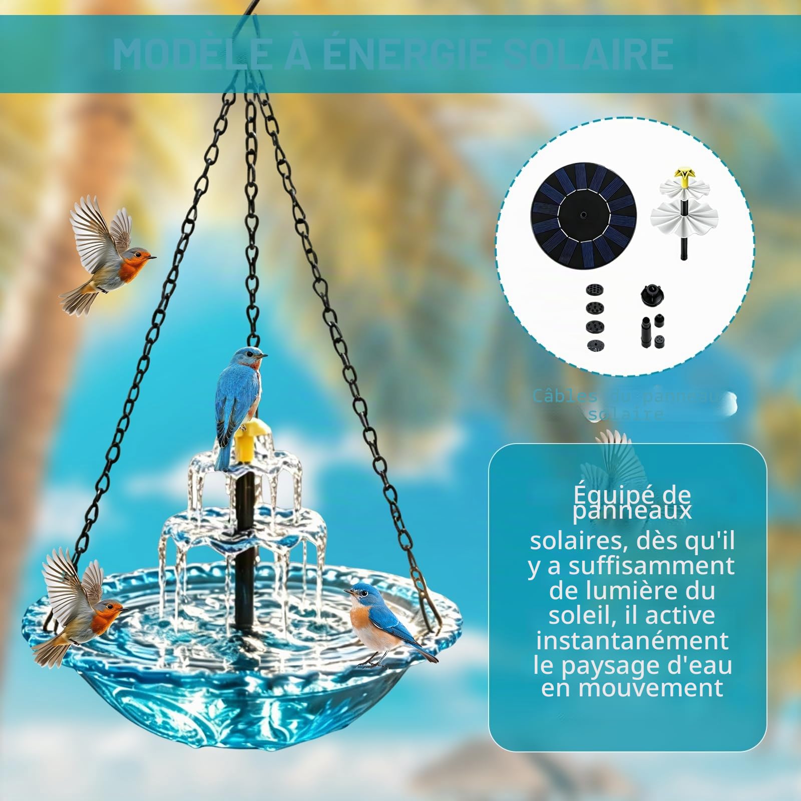 2026 Nouveau bain d'oiseaux solaire avec fontaine à suspendre, bain d'oiseaux pour l'extérieur à suspendre, grands bains d'oiseaux avec fontaine pour colibris, avec pompe solaire et bol en verre, pour
