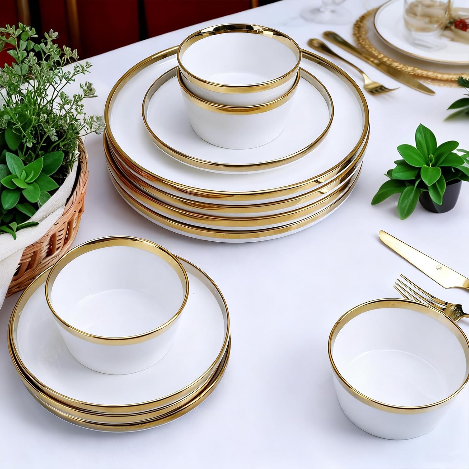 12 Pieces white and Gold Porcelain Dinnerware Set, Plates and Bowls | Dinner and Salad Plates, Ramen Bowls, Dishes for 4 | Chip and Crack Resistant | Dishwasher & Oven Safe Dishes Set