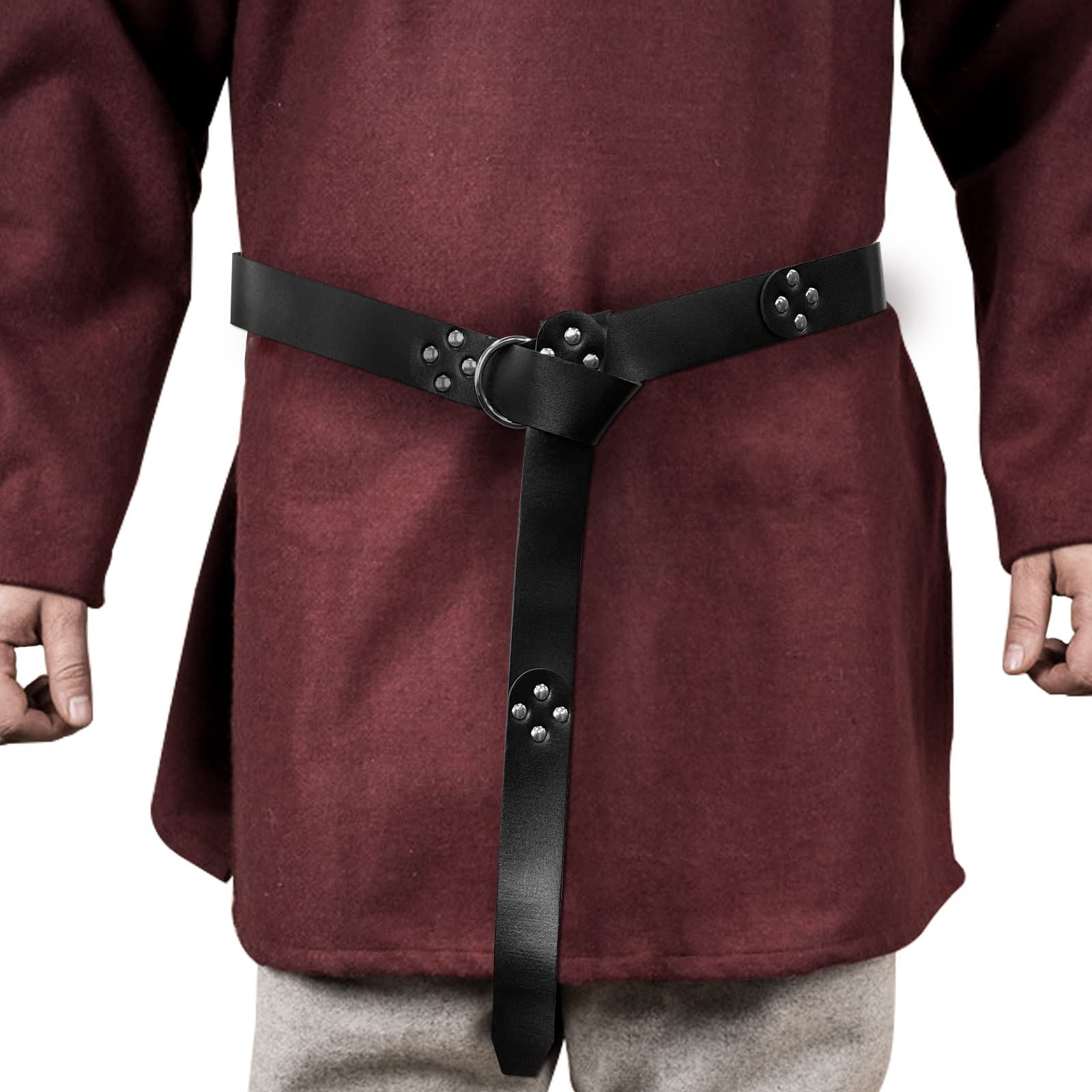 Hiifeuer Unisex Black B Medieval Pu Leather Ring Belt, Retro Renaissance Rivets Belt For Larp(Black B)