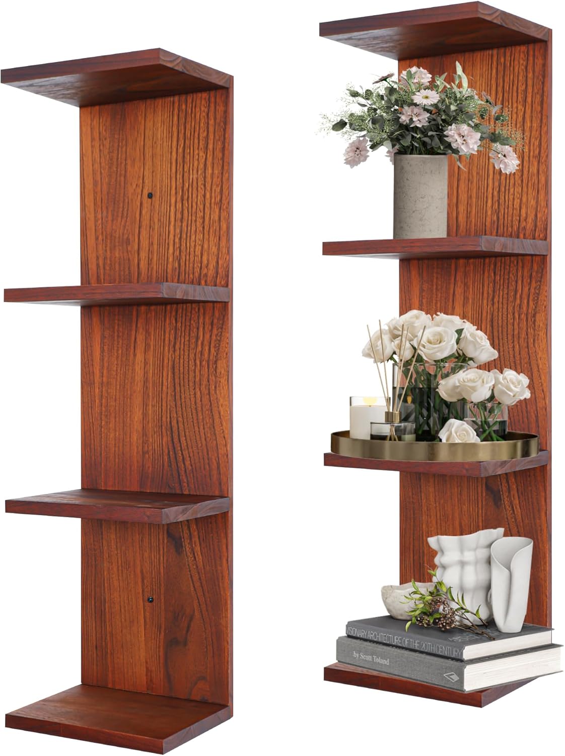 4 Tier Wall Shelf Unit,Vertical Column Floating Storage Home Decor Organizer,Walnut Lack Wall Shelf for Bedroom,Living Room,Office Decor(2 Pack)