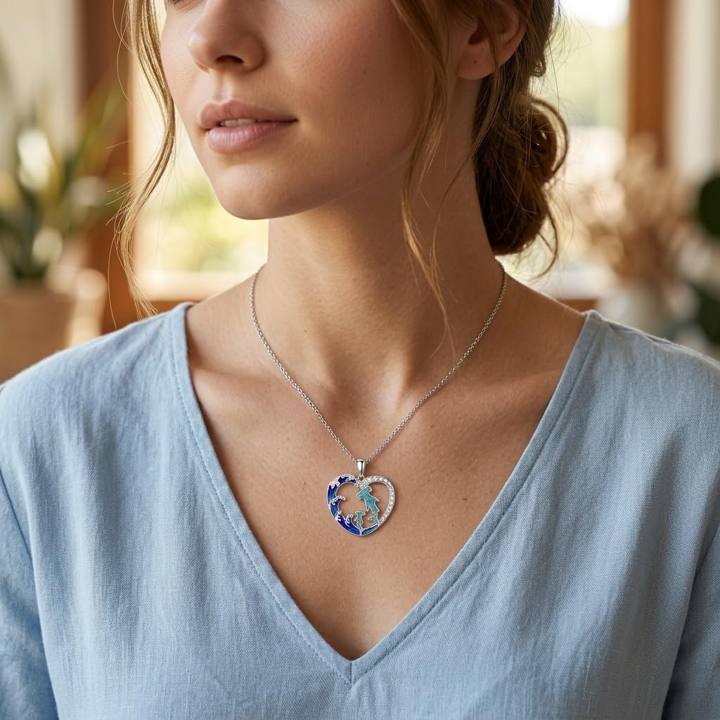 DAYLINLOVE Mutter Tochter Kette 925er Sterling Silber Ich liebe Meinen Hund/Orca/Wolf Damen/Schildkröten/Hammerhai/Hai/Delfin/Huhn/Dinosaurier Herzform Anhänger Mutter Tochter Schmuck Geschenke Damen