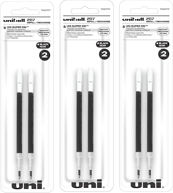 Uniball Signo 207 Gel Pen Refills, 0.7mm Medium Point, Black Ink, 6 Refills