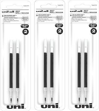 Uniball Signo 207 Gel Pen Refills, 0.7mm Medium Point, Black Ink, 6 Refills