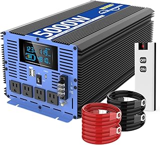 Power Inverter 5000 Watt Pure Sine Wave 12V to 110V 120V with 4 AC Sockets Dual USB Ports Type-c Port LCD Display Remote Control Terminal Block, 5000W Pure Sine Wave Inverter for Emergency RV Car