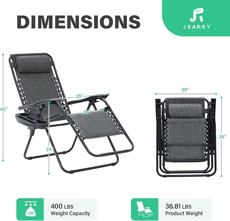 JEAREY Zero Gravity Chairs Set of 2, Adjustable Patio Recliners, Dark Grey image 3
