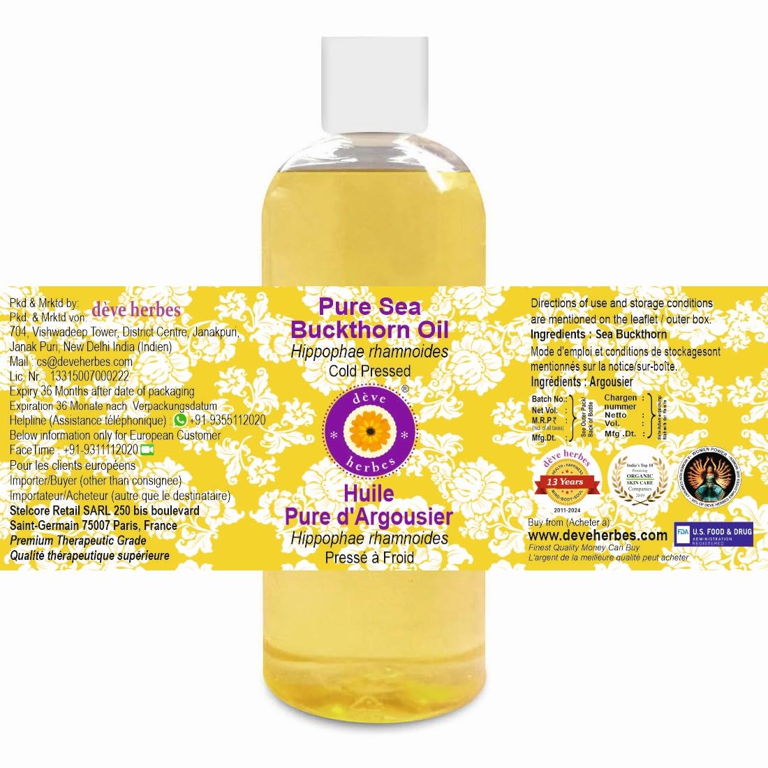 dève herbes Pure Sea Buckthorn Oil (Hippophae rhamnoides) Cold Pressed 200ml (6.76 oz)