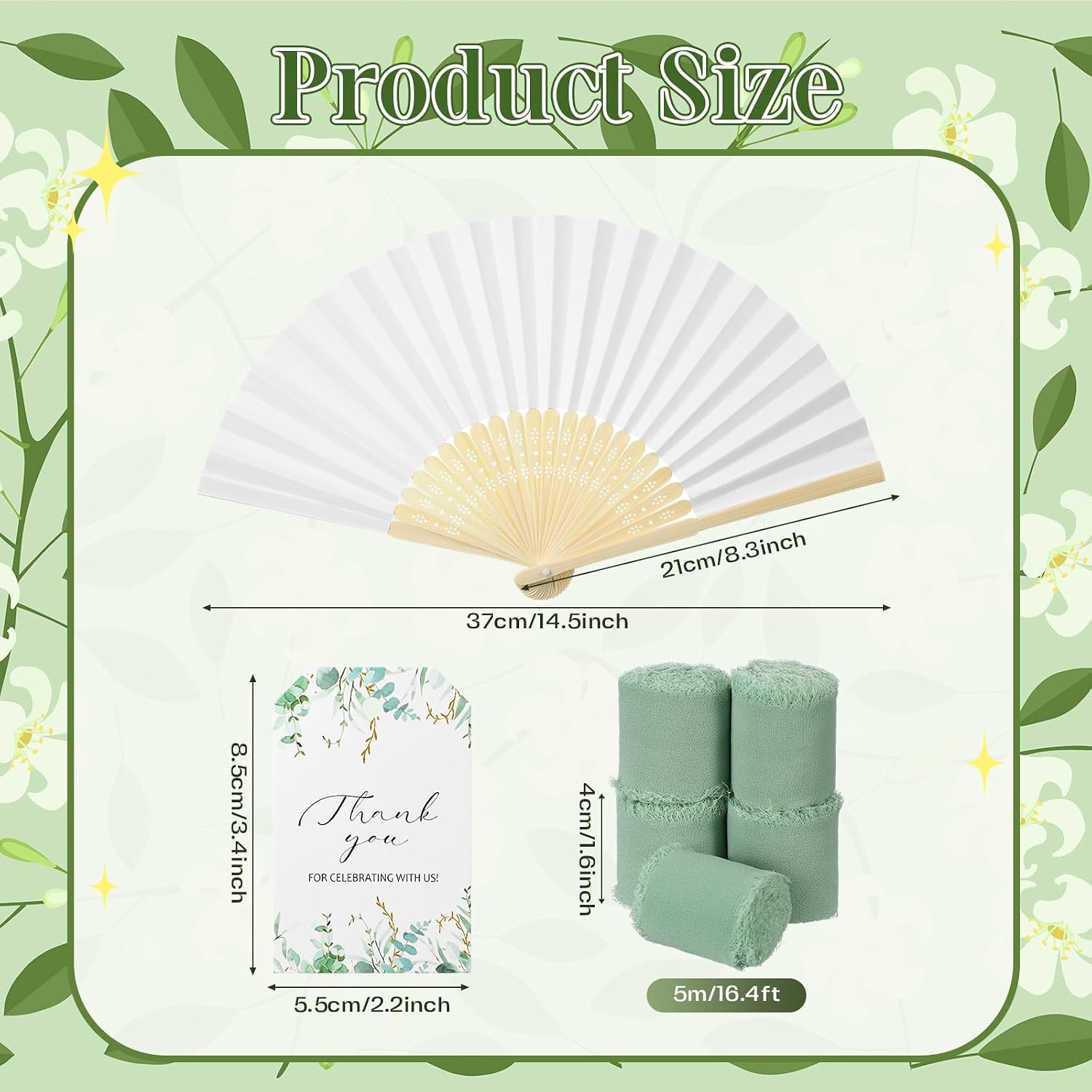 50 Sets Wedding Fan Favors for Guests, White Folding Hand Fans with Thank You Tags and Chiffon Ribbon, Wedding Guest Gifts for Bridal Shower, Baby Shower and Church Events(Green,Leaves) image 3