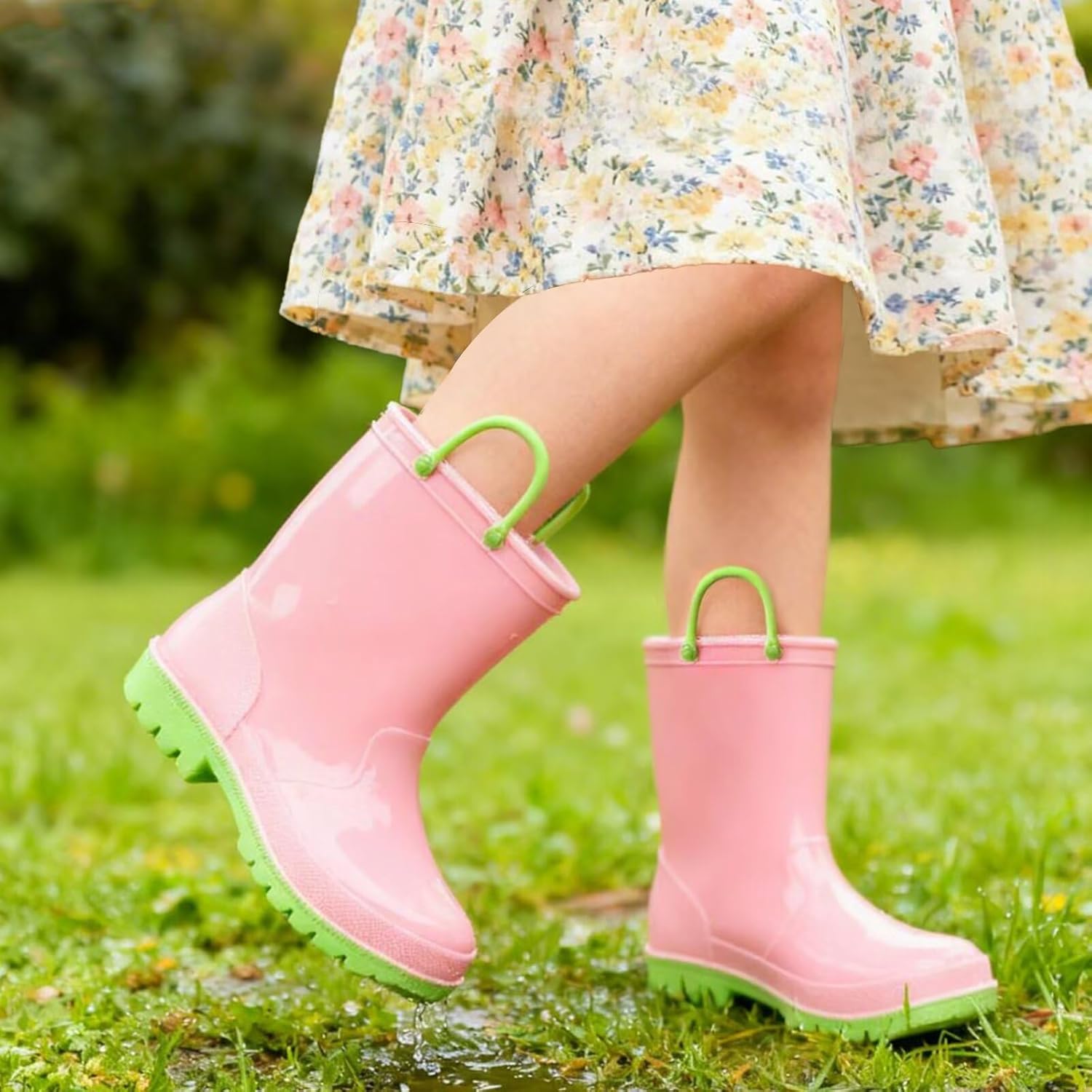 EUXTERPA Boys Girls Waterproof Rain Boots Kids Toddler Solid Color Boots with Easy On Handles